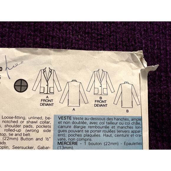 Butterick 3066 pattern blazer boxy boyfriend 1980s size 12 - Picture 4 of 6